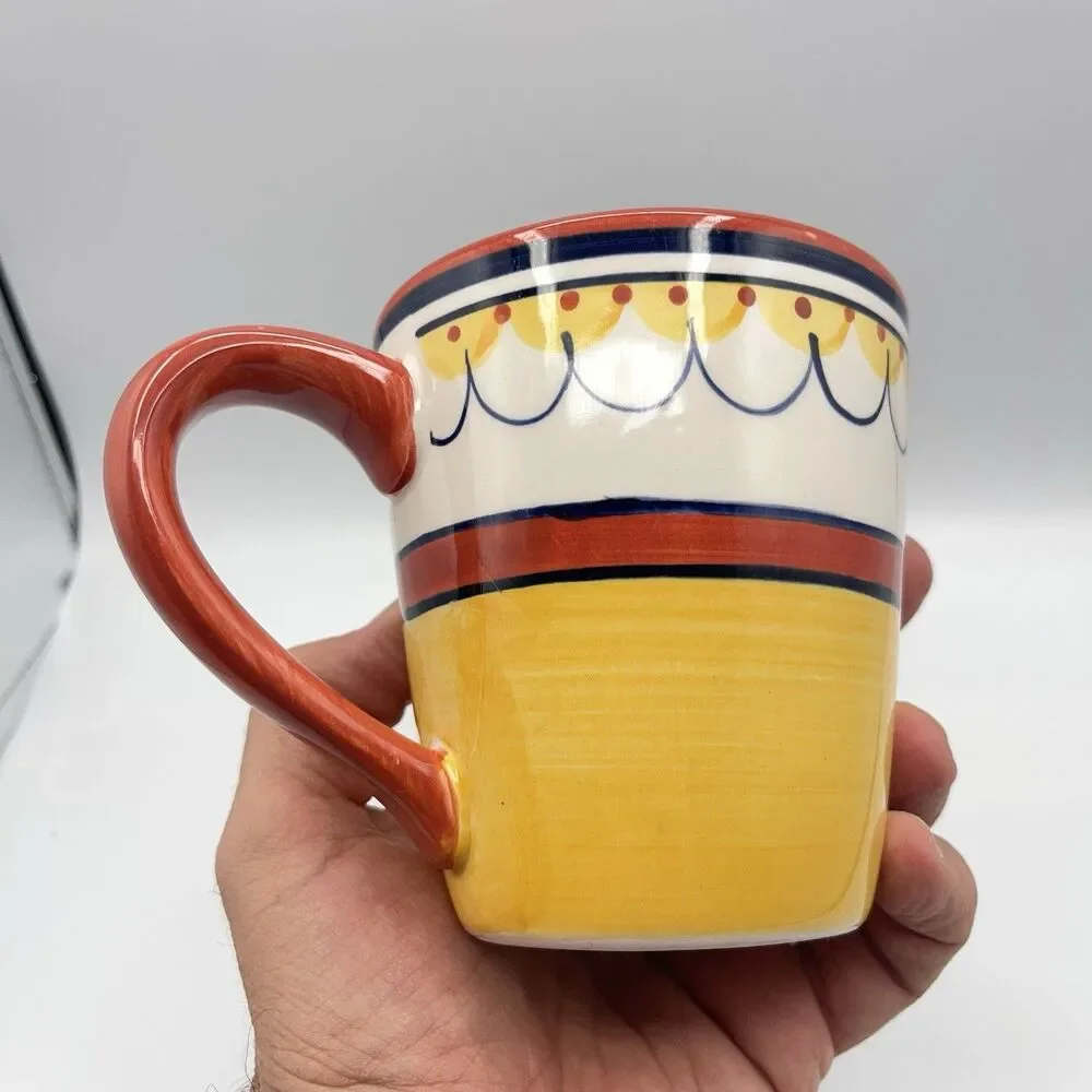 Pier 1 Del Sol Collection Coffee Cup, Hand Painted. Yellow And Orange Design.